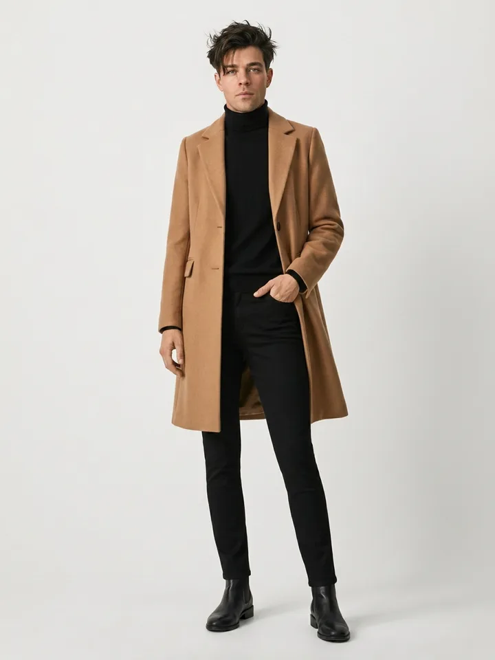 The same product shot with your photo in place, wearing the same camel overcoat